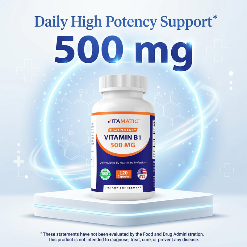 Vitamatic Vitamin B1 500 mg (Thiamine Mononitrate), 120 Capsules (2 Pack) | High Potency B1, Supports Nervous System Health and Energy Metabolism*, NonGMO, Gluten Free, Made in USA 60 Count (Pack of 2)