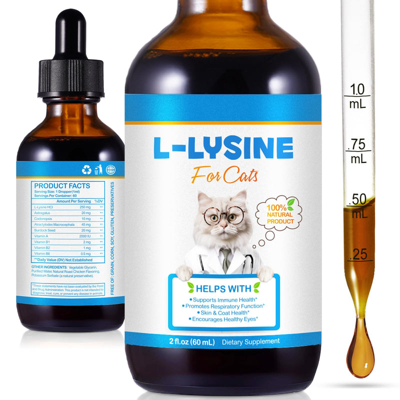 L-Lysine for Cats & Kittens, Cat Lysine Liquid Drops - Supports Nose, Eye & Respiratory Comfort, Delicious Roast Chicken Flavour, 60ml