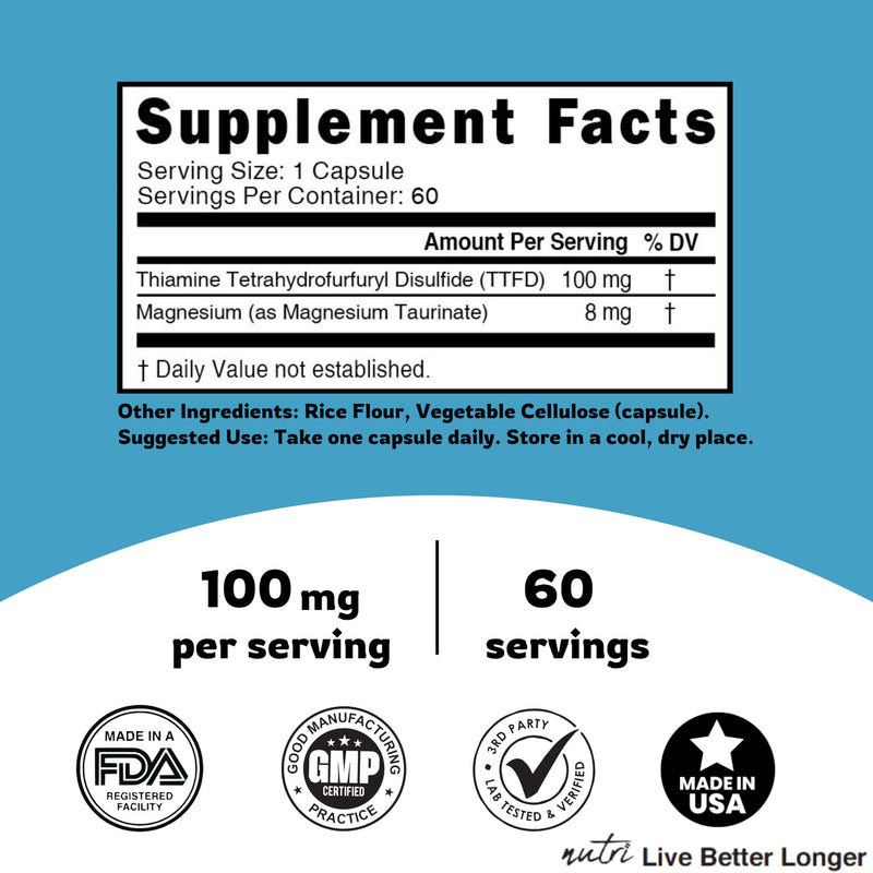 Nature's Fusions TTFD Thiamine B1 Supplement - 100mg 60 Servings - with 8mg Magnesium - No Toxic Fillers - TTFD Thiamine Tetrahydrofurfuryl Disulfide - Third Party Lab Tested - Nutri Supplements 60 Count (Pack of 1)