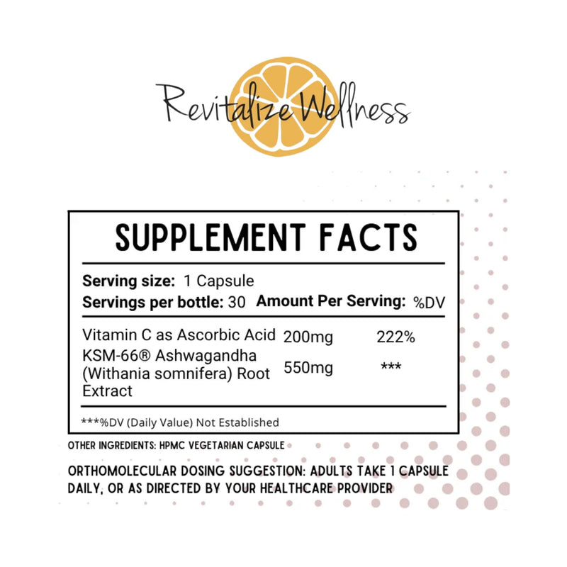 Ashwagandha + Vitamin C Capsules | Stress and Immune Support Complex | with 550 mg Ashwagandha and 200 mg Vitamin C per Serving | 30 Servings