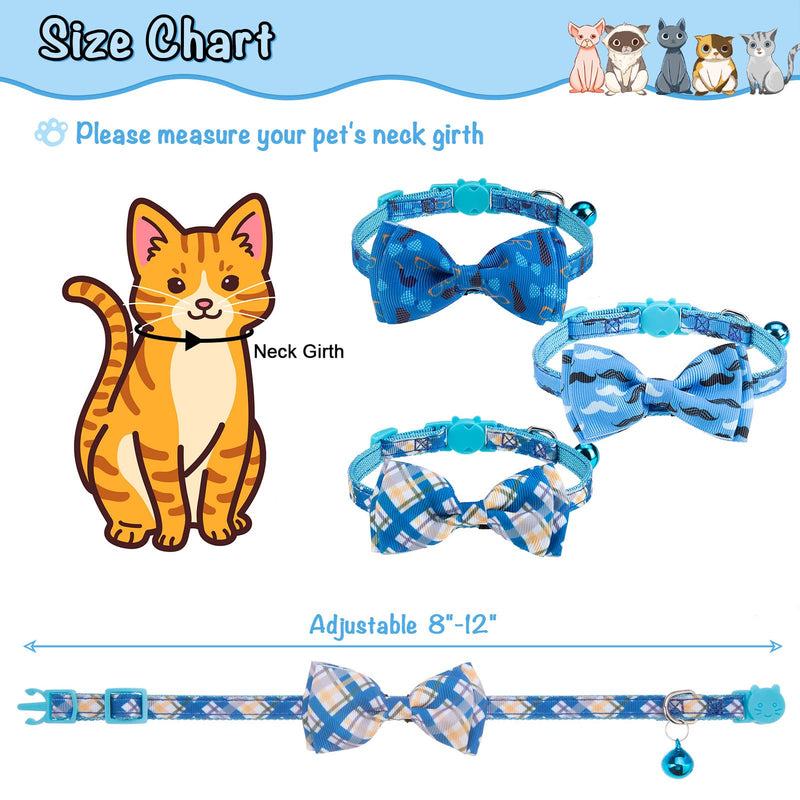 Breakaway Cat Collar with Removable Bow Tie and Bell, Cute Multi-Style Patterns, 3 Pack Safety Buckle Kitten Collars, Adjustable Pet Collar for Boy Cats Puppy Blue - BeesActive Australia