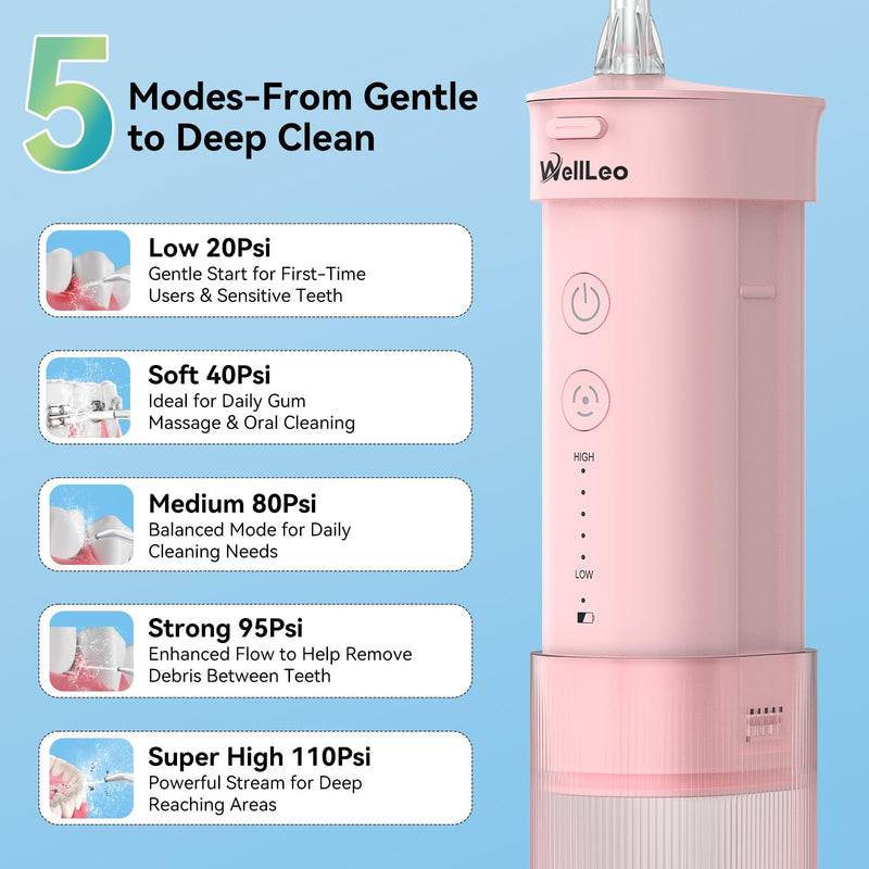 Mini Water Flosser for Teeth,Travel Dental Flosser Picks, Portable Oral Irrigator with Telescopic Water Tank, 5 Modes IPX7 Waterproof Tooth Flosser for Brace, Sensitive Teeth, with Storage Bag Pink