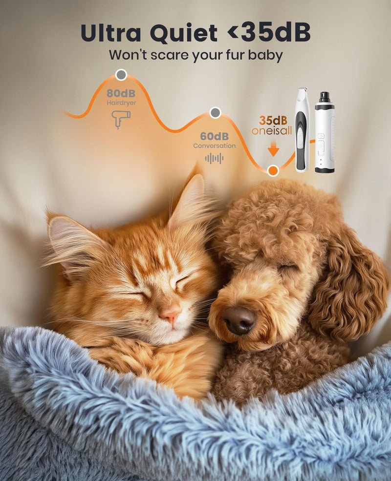 oneisall 2 in 1 Quiet Paw Trimmer and Dog Nail Grinder with LED Lights, 35dB Dog Paw Grooming Kit Rechargeable Cordless Pet Clipper 2-in-1 Set - BeesActive Australia