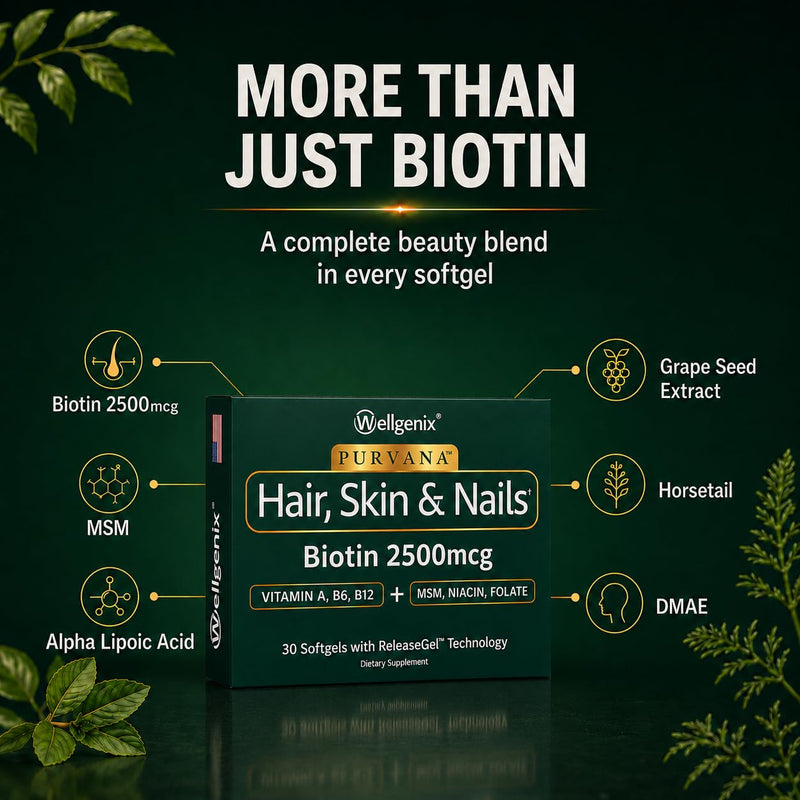 Wellgenix Purvana Hair Skin and Nails Supplement – 2500mcg Biotin Softgels with MSM & B-Complex – Daily Beauty Support for Stronger Nails & Hair Vitality – 30 Softgels | MSM, alpha lipoic acid & grape seed softgels for thicker-looking hair, stronger-lo...