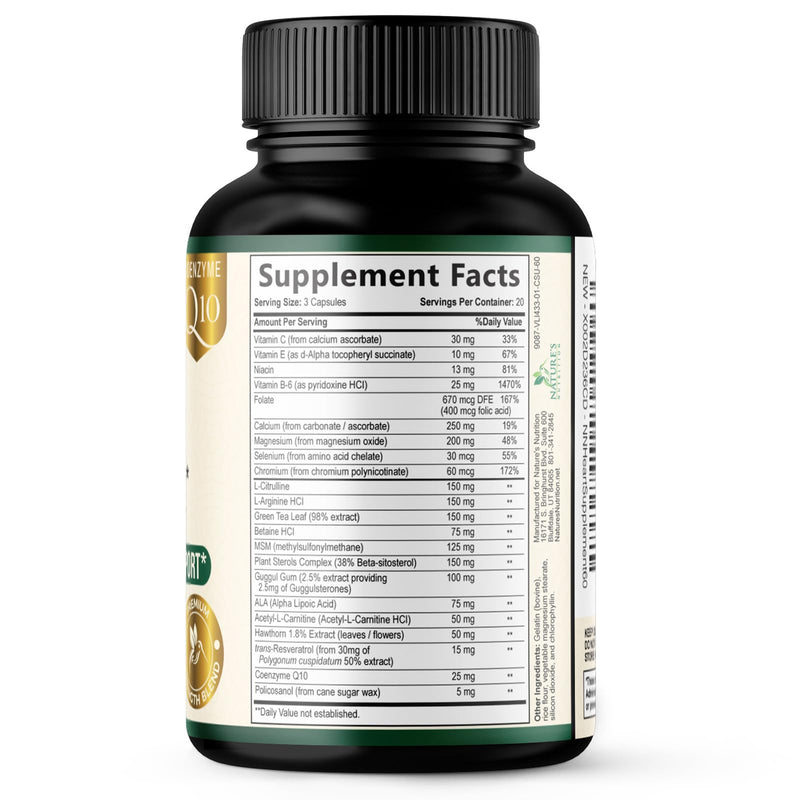 Heart Health Supplement – Complete Heart Support Formula for Women & Men - with CoQ10, B Vitamins, L-Arginine, Hawthorn, Resveratrol - Natural Nitric Oxide Energy Production - Made USA – 60 Capsules 60 Count (Pack of 1)