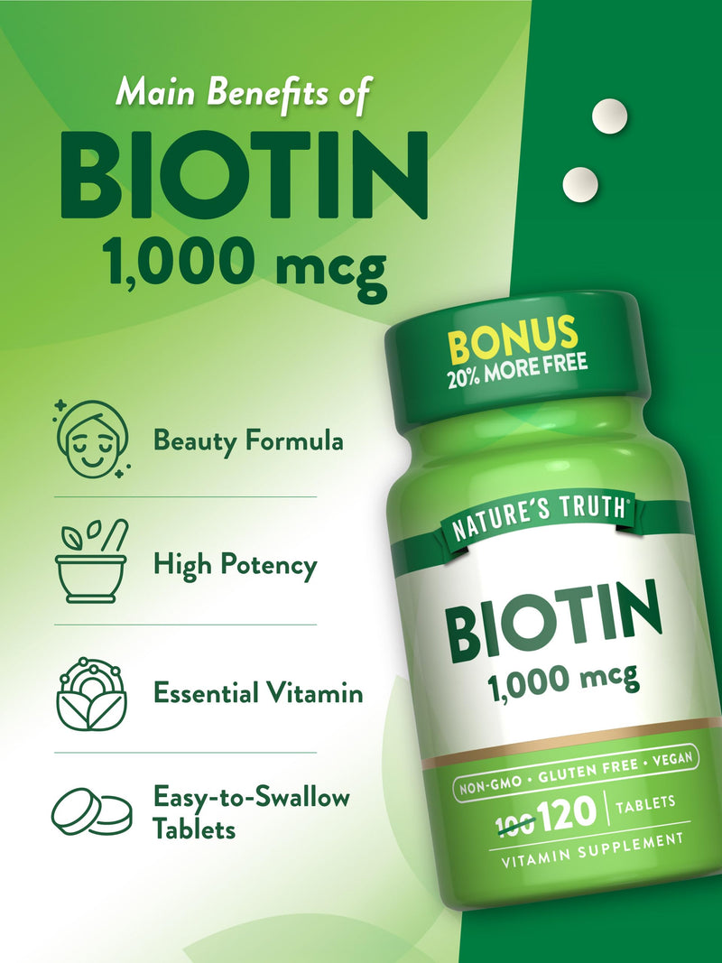 Nature's Truth Biotin | 1000mcg | 120 Tablets | for Women & Men | Vegan, Non-GMO, Gluten Free Supplement Unflavored 120 Count (Pack of 1)