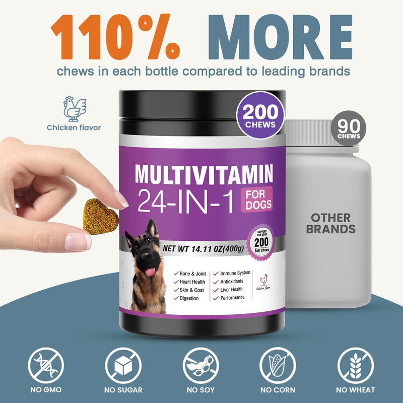 24-in-1 Dog Vitamins and Supplements 200 Ct Dogs Multivitamin Chewable Contain Chondroitin Probiotics Omega-3 Glucosamine for Dogs Skin Coat Heart Joint Gut Liver Brain Eyes Immune Support - Chicken 200 Count