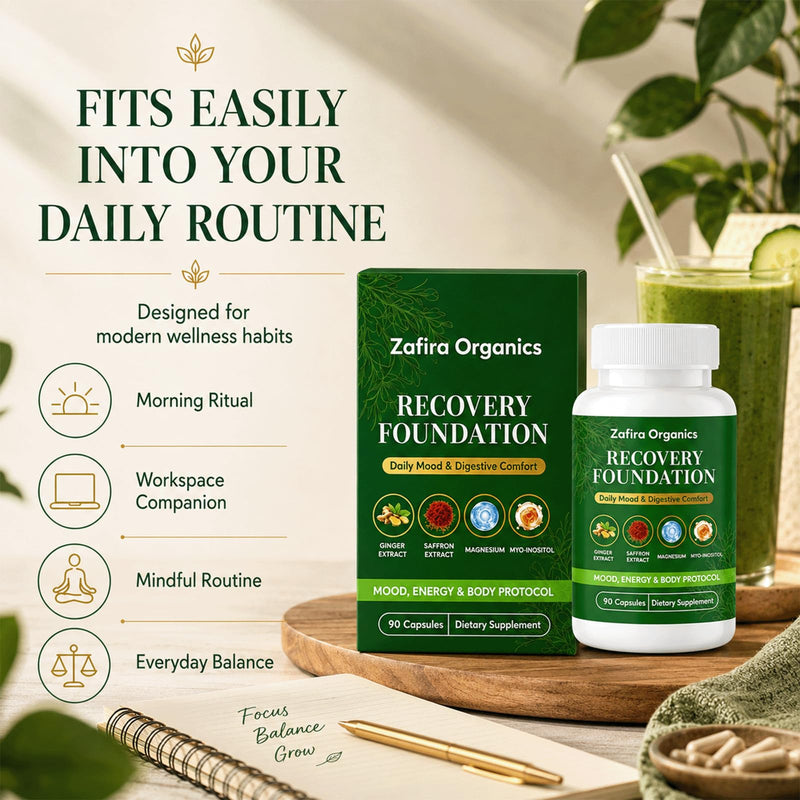 Zafira Organics,Zafira Recovery Foundation,90 Capsules (1pcs) | with Saffron Extract,Ginger Extract L-Theanine Myo-Inositol,Daily Energy & Focus,Digestive Comfort 1pcs