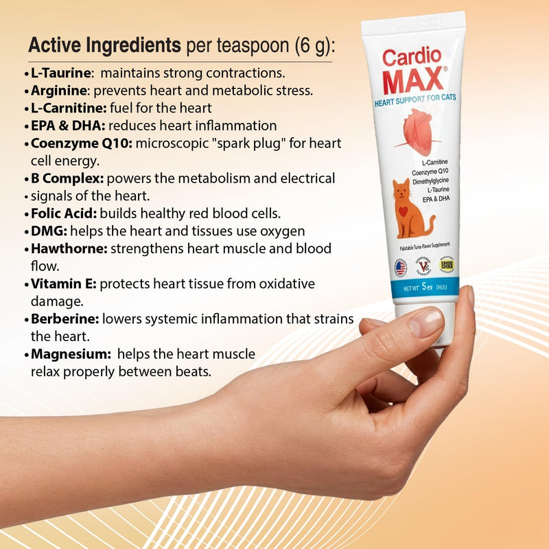 Heart Support Gel for Cats – L-Taurine, L-Carnitine, CoQ10 & Omega-3 (EPA & DHA) – Cardiovascular & Heart Muscle Support – Veterinarian Formulated Cat Cardiac Supplement – Tuna Flavor – 5 oz