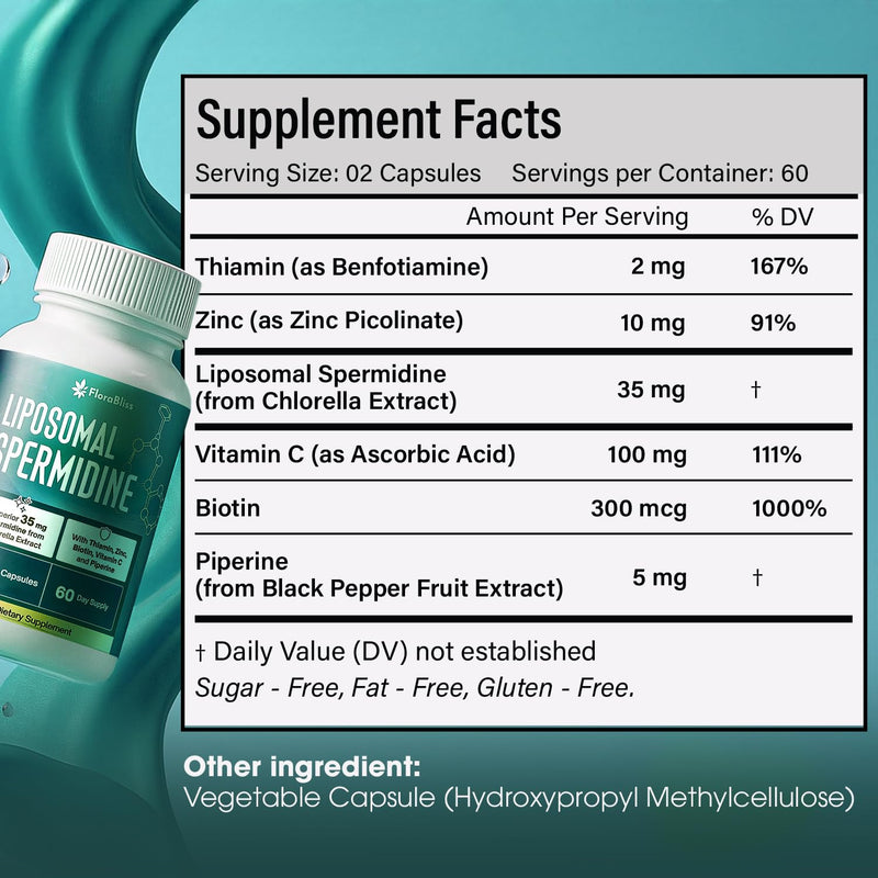 FloraBliss 35mg Liposomal Spermidine with Thiamin, Zinc, Biotin, Vitamin C | Spermidine from Chlorella. 60-Day Supply. 120 Capsules