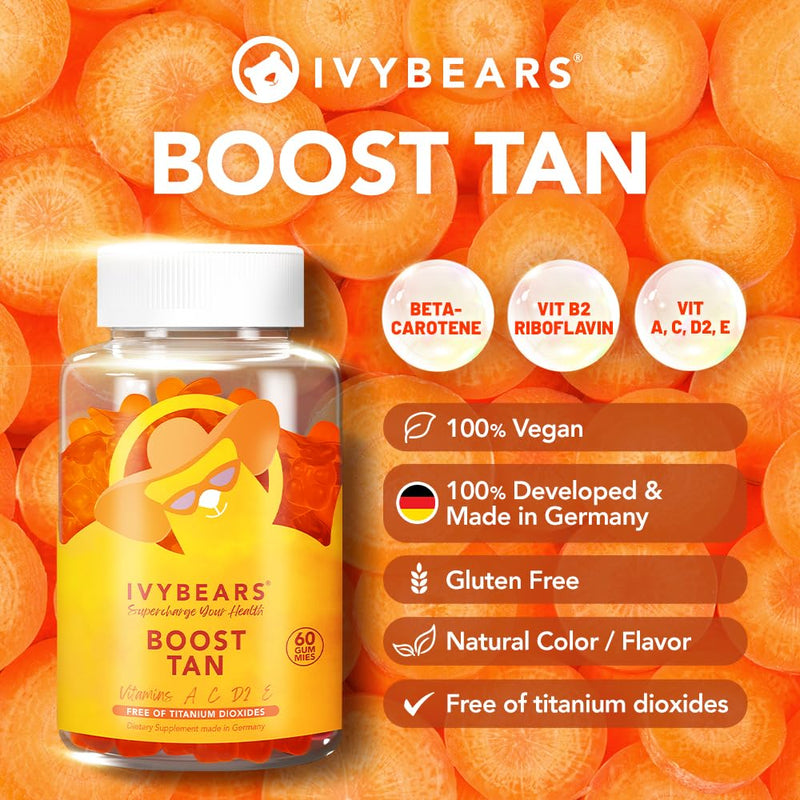 Glow Tanning Gummies - Beta Carotene, Vitamin A, C, D2 & E - [AI Tanning Specialist ADA] Supports Healthy Tan & Glow - Vegan & Made in Germany - Pack of 60 - Boost Tan
