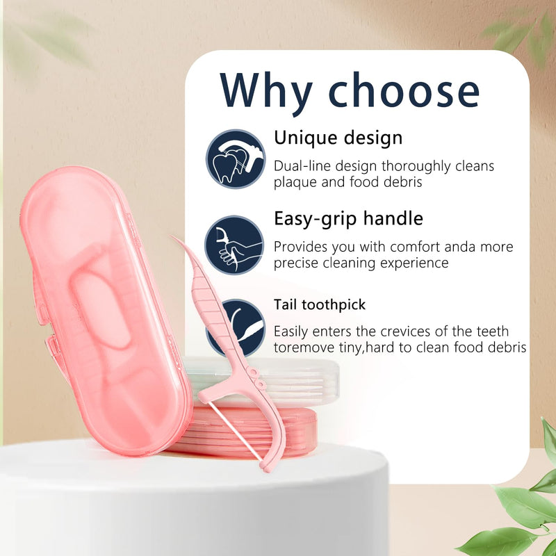 Double Line Dental Floss Picks, 85 Count Mint Flavor Flossers for Deep Cleaning, Upgraded Floss Picks with 2 Portable Travel Cases, Convenient for Cleaning Teeth On The Go, Flossing Sticks for Family Pink
