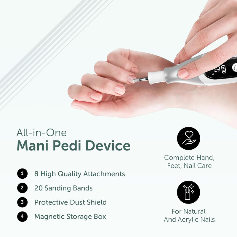 PediLux Pro Professional Manicure Pedicure Kit, Cordless Electric Nail File Drill Set, Thick Toenail Grinder, Toe Nail Dremel Tools, Filer, Buffer, Sander, Remove Cuticles, Callus for Men & Women White - BeesActive Australia