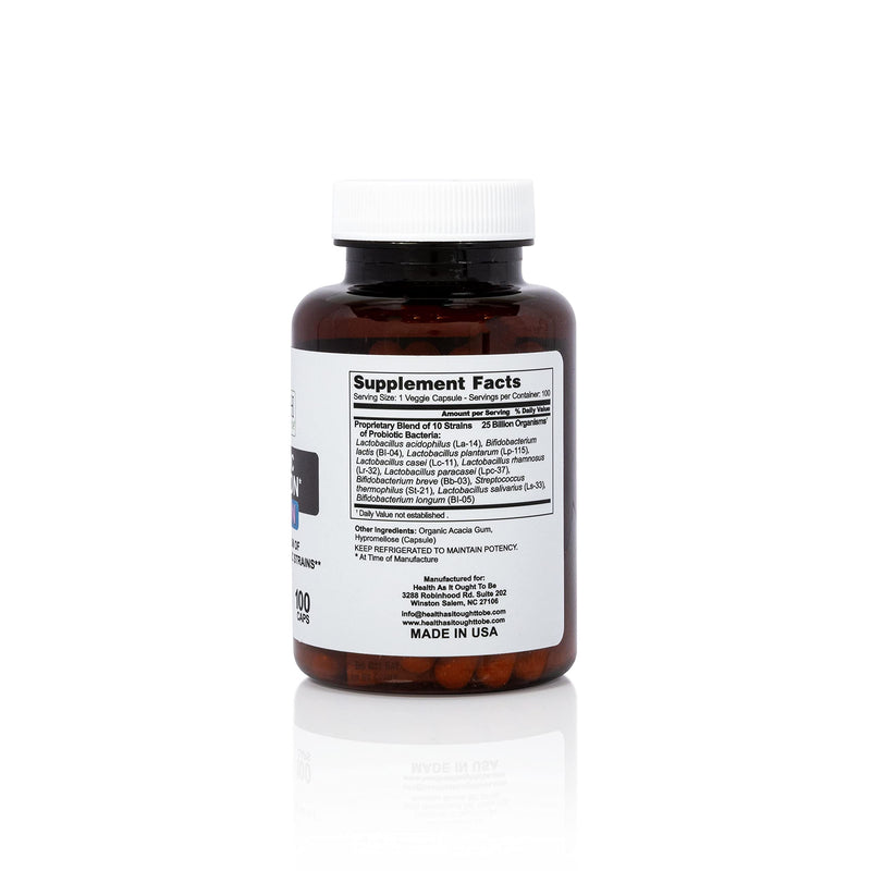 Health As It Ought To Be Probiotic (10 Strain) 25 Billion CFUs Supplement | Physician Formulated Balanced Spectrum of Acid|Resistant Probiotic Strains | 100 Veggie Caps | Ten acid-resistant strains help maintain microbial balance, digestive function, i...