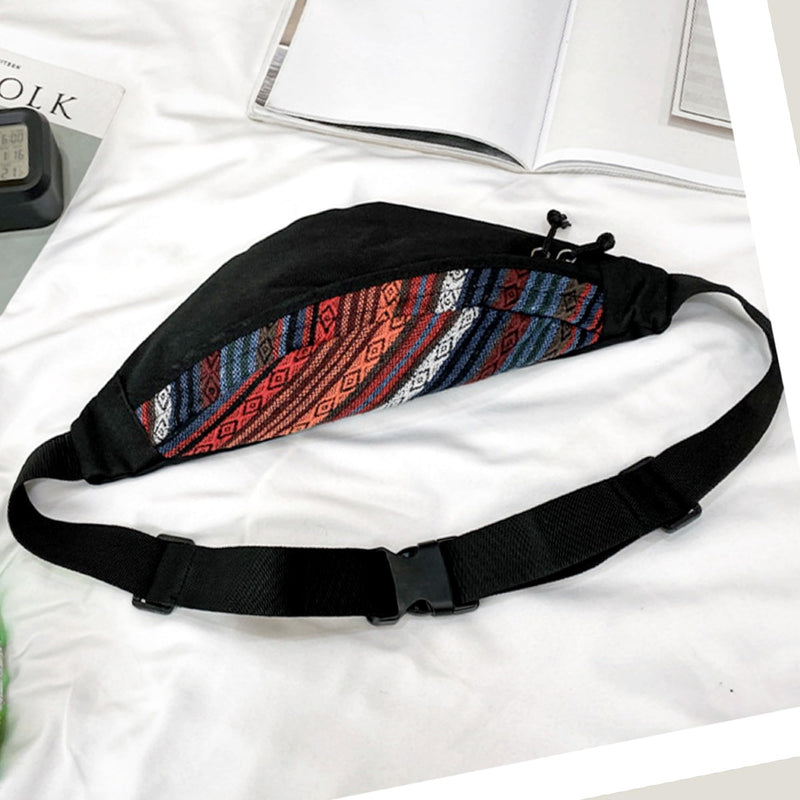 Ethnic Canvas Fanny Pack for Men and Women – Unisex Boho Bum Waist Bags with Zipper Pockets, Hands-Free Sling Crossbody Purse Adjustable Strap Travel Streetwear Hiking Camping Shopping Outdoor (Black) Black