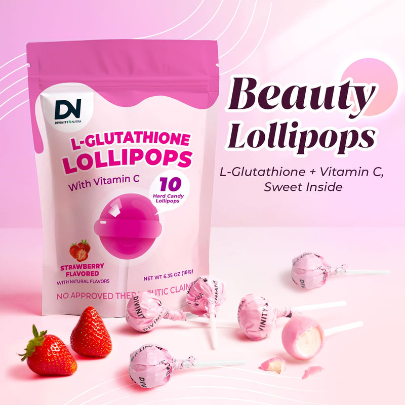 Divinity Nutra L-Glutathione Lollipops with Vitamin C - Dietary Supplement Lollipops for Skin & Immune Support，Strawberry Flavor Hard Candy,Gluten Free, Valentines Day Gifts for Her