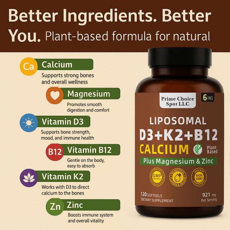 Vitamin D3 K2 B12 with Calcium Magnesium Zinc, 5000 IU, 120 Softgels | 6-in-1 bone & muscle support, High Potency D3 5000 IU, K2 MK7 for calcium absorption, Mobility & Energy, non-GMO, plant-based