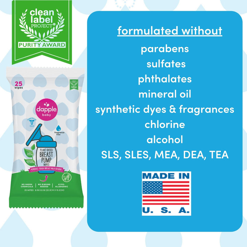 Dapple Baby Breast Pump Cleaner Wipes, Fragrance Free, 25 Count (Pack of 2) - Travel Breast Pump Cleaning Wipes Made in The USA Unscented 25 Count (Pack of 2) - BeesActive Australia