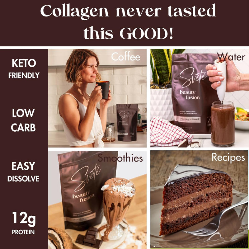 Hydrolyzed Multi Collagen for Women + Vitamins, Biotin, Hyaluronic Acid, CoQ10, Probiotics, Zinc | Keto Chocolate Protein Drink Powder (7 Travel Packs) Hair, Skin, Beauty Supplement by Svete Chocolate Coconut - Packets