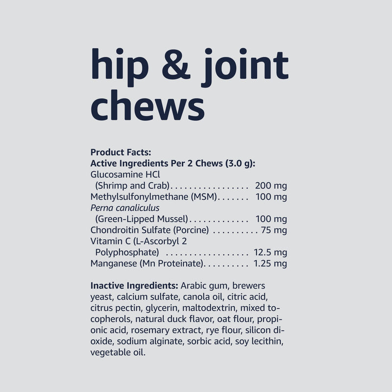 Amazon Basics Dog Hip & Joint Daily Supplement Chews with Glucosamine, MSM, and Vitamin C, Duck Flavored, 60 Count (Previously Solimo) 60 Count (Pack of 1)