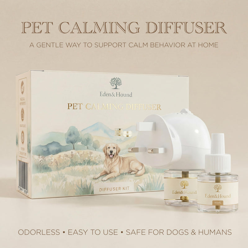 Eden & Hound Dog Calming Diffuser Starter Kit | Plug In Pheromone Diffuser for Dogs with 60 Day Refill | Helps Reduce Anxiety & Stress | Warm Ambient Night Light