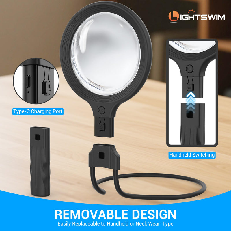 Neck Wear Magnifying Glass with Light for Close Work, 5.5 Inch 5X Handheld Lighted Magnifier for Reading Books, Included 2PCS Upgrade 10X Small Magnify Glasses with Protective Sheath