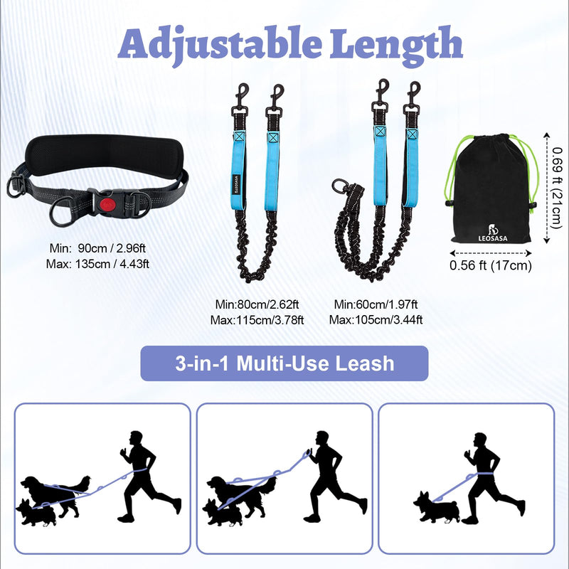 Hands Free Double Dog Leash for Two Dogs- No Tangle No Pull Dual Leash with Padded Adjustable Waist Belt & Reflective Stitching - Ideal for Running, Jogging, Hiking with Medium & Large Breeds Blue - BeesActive Australia