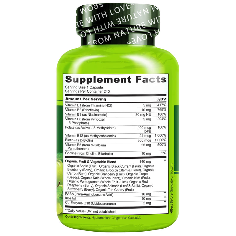 NATURELO Vitamin B Complex, 240 Capsules, Vegan, CoQ10, Methyl Folate | Biotin, Fruit & Vegetable Blend, Supports Energy And Healthy Stress Response, Super B Complex Vitamins for Women and Men 240 Count (Pack of 1)