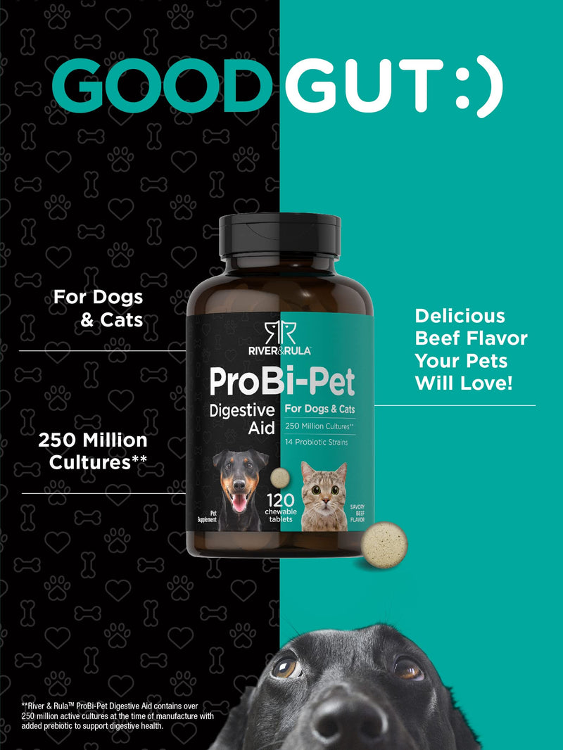 Horbäach Probiotics for Dogs & Cats | 120 Chewable Tablets | Digestive Aid | with 14 Probiotic Strains | Savory Beef Flavored Pet Supplement | by River & RULA 120 Count (Pack of 1) - PawsPlanet Australia