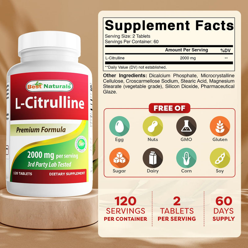 Best Naturals L-Citrulline 2000mg/Serving - Non-GMO - Gluten Free - 120 Tablets (120 Count (Pack of 1)) 120 Count (Pack of 1)