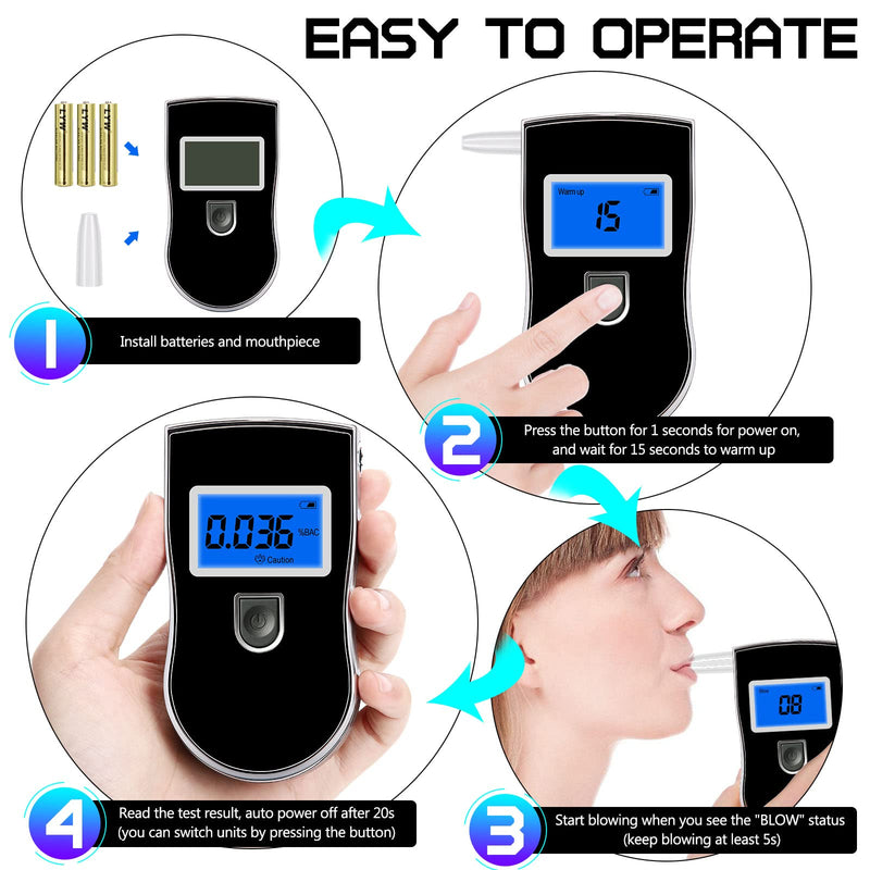 Alcohol Breathalyzer, Professional Grade Accuracy Alcohol Breath Tester for BAC Testing, Portable Blood Alcohol Tester with 20 Mouthpieces & Digital Blue LCD Display for Personal Home Use Black - BeesActive Australia