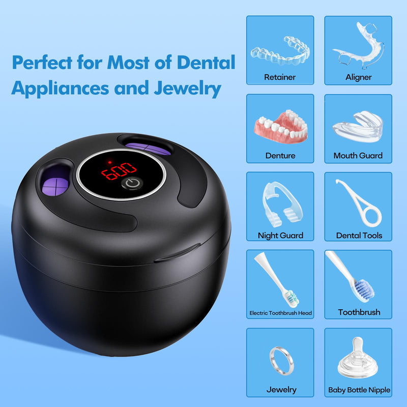 Upgraded Ultrasonic Retainer Cleaner Machine, 45kHz Ultrasonic Dentures Cleaner for Night Guards, Braces, Aligner, Toothbrush, Jewelry and More, 200ML Capacity, Black1 Black