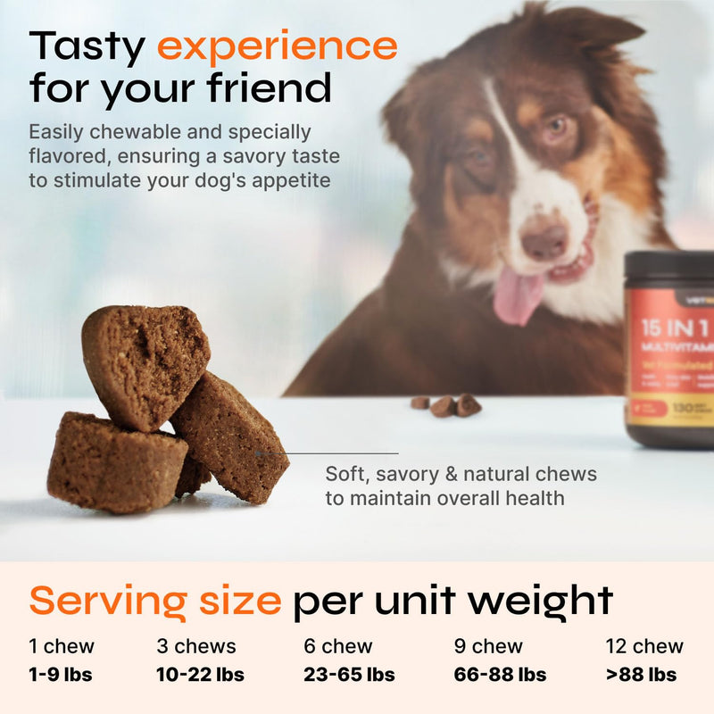 Dog Vitamins 15 in 1 - Dog Multivitamin Chews - Joint Supplement for Dogs - Dog Vitamins & Supplements for Hip & Joint, Immune System, Coat & Mobility - Itchy Skin Relief - Glucosamine Chondroitin 130 count - PawsPlanet Australia