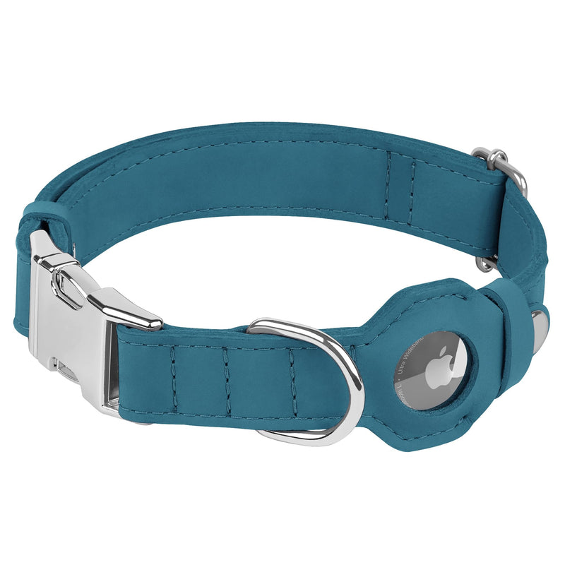 Leather Dog Collar with Airtag Holder - Soft Adjustable Airtag Dog Collar with Metal Buckle - GPS Tracking Pet Collar for Small Large Dogs Puppies Cats (Dark Blue, L, 17"-21" Neck Fit) Dark Blue - BeesActive Australia