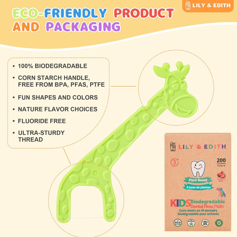 LILY & EDITH Kids Biodegradable Dental Floss Picks 200 Counts, Fluoride Free, Plant Based Material, Fun Animal Flossing Sticks, Ultra Sturdy Thread, Zero Waste Package (Unflavored) Unflavored - BeesActive Australia