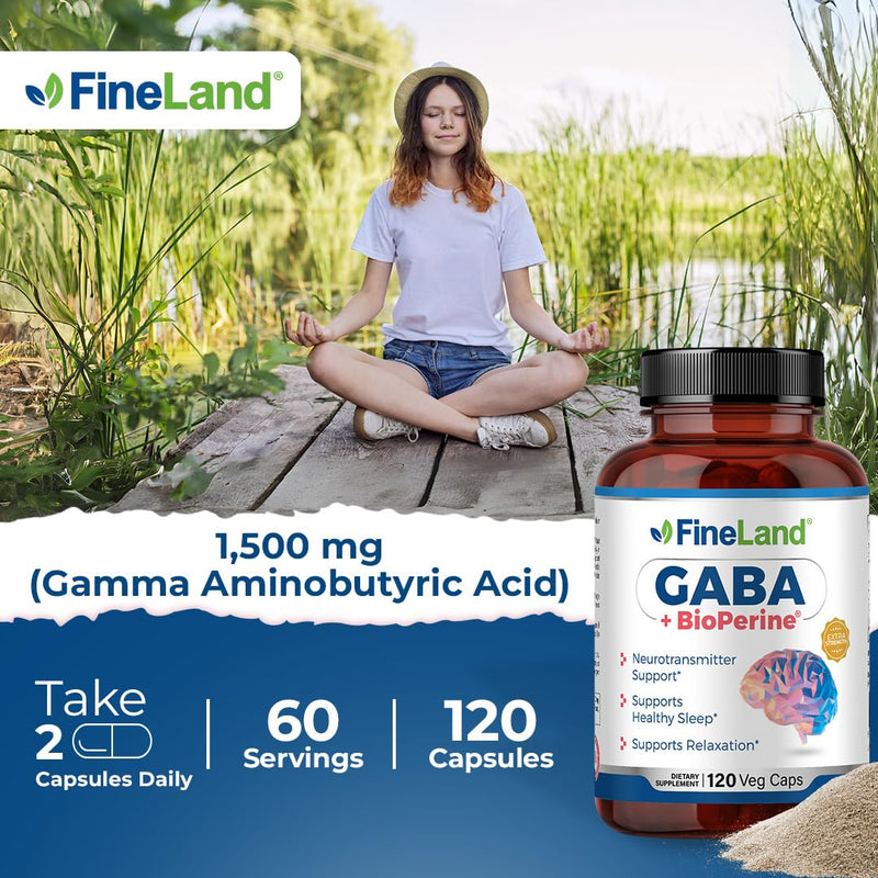 FineLand GABA + BioPerine® – Gamma-Aminobutyric Acid Supplement for Relaxation & Daily Calm | Supports Emotional Well-Being, Vegan – 120 Capsules, Made in USA