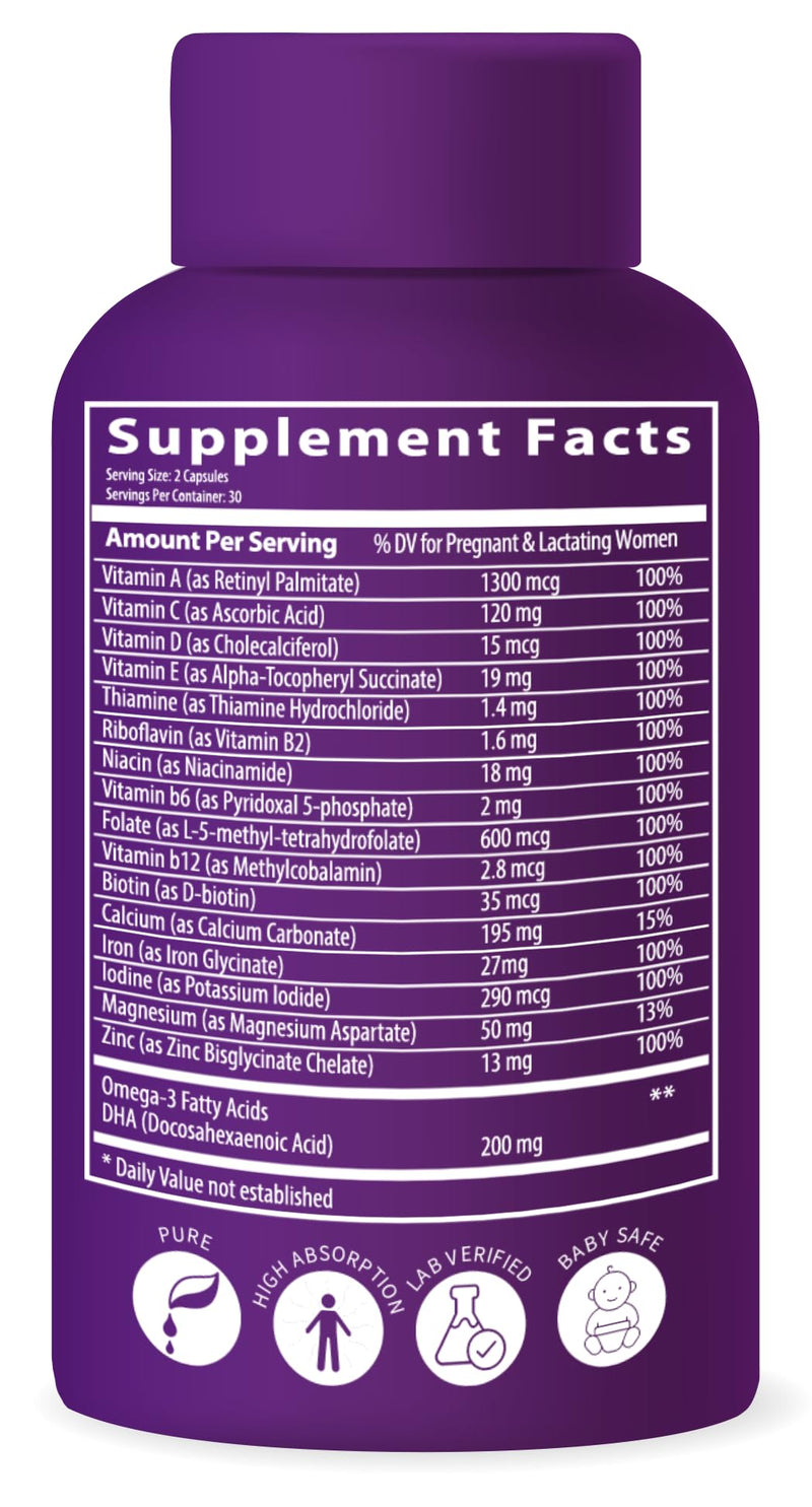 BioImmune Ultra Strength Bio-Available Prenatal Vitamins for Women, Naturally Occurring Methylated Folate Folic Acid, DHA Omega 3. Supports Brain Development, Healthy Fetal Development