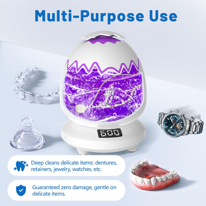Ultrasonic Retainer Cleaner Machine for Dentures | 45kHz Dental Cleaning Pod for Mouth Guards, Aligner, Nightguard, Braces, Jewelry | 3 Timer Modes Denture Cleaner- Cooling Fan & Split-Design White