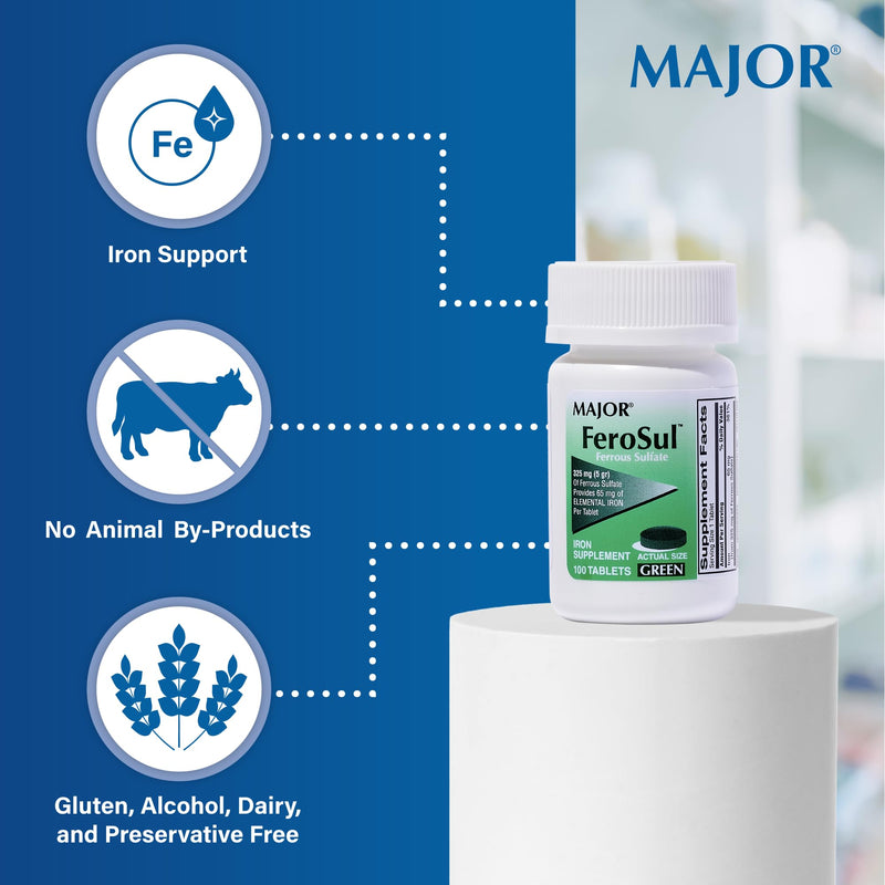 Major Ferosul - Ferrous Sulfate 325mg Tablets with 65mg of Elemental Iron - Iron Supplement for Women, Men - Green - 100 Count (3 Pack) Unflavored 100 Count (Pack of 3)
