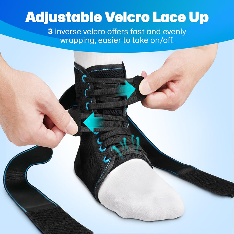 Healrecux Lace Up Ankle Brace for Women Men, Ankle Support for Sprained Ankle, Plantar Fasciitis Brace Ankles Stabilizer Wrap for Basketball, Volleyball, Sports, Injury Recovery, L Blue Stripes Large