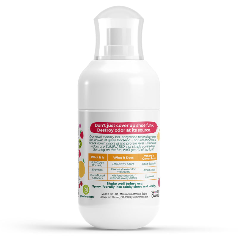 FRESH MONSTER Deodorizing Shoe Spray for Kids & Teens, Shoe Deodorizer Spray with All-Day Odor Protection, Bio-Enzyme Technology, Eliminates Odors, Fruity Fresh, 4 oz