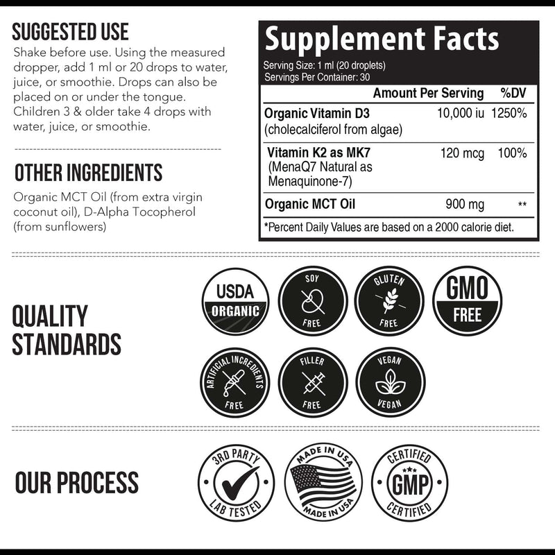 Organic Plant D3 K2 vitamin 10000 iu - All-Trans MK7 from MenaQ7 (120 mcg K2) - 100% Organic & Plant-Based Sublingual D3 Drops 10,000 iu (Cholecalciferol), 100% Vegan - Supports Immunity, Bone, Brain 1 Fl Oz (Pack of 1)
