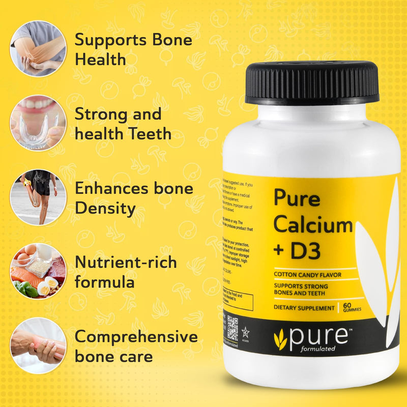Vegan Calcium with Vitamin D3 Strong Bone & Teeth Support Calcium with 1000 IU D3 Gummies for Adults & Kids, Kosher, Gluten-Free, Dairy-Free, 60 Gummies calcium + D