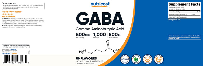 Nutricost Pure GABA Powder 500G, (Gamma Aminobutyric Acid) Gluten-Free 1.12 Pound (Pack of 1)