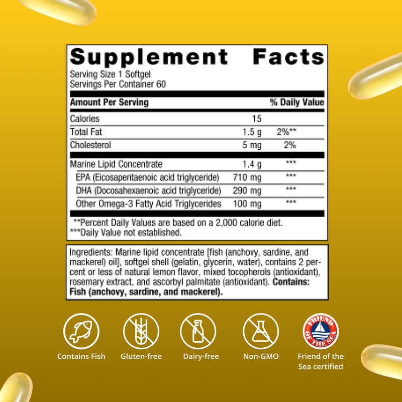 Metagenics OmegaGenics Omega-3 Fish Oil 1000mg EPA DHA, 60 Softgels | High Potency Omega-3 Supplement for Heart, Brain and Joint Health, Sustainably Sourced Fish Oil, 1000mg EPA and DHA Lemon 60 Count (Pack of 1)