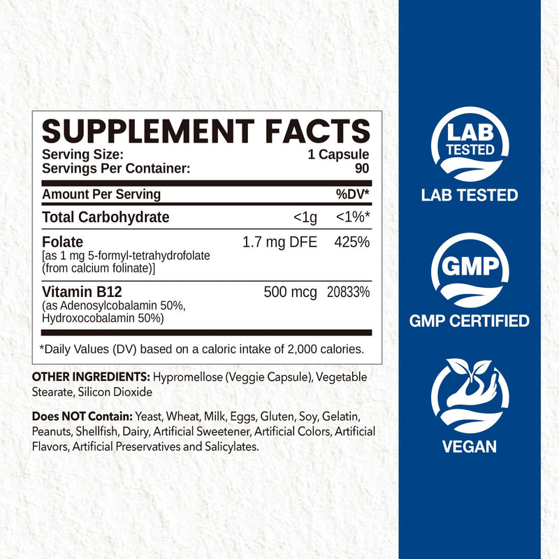 Folinic Acid 1000 MCG + B12 500 mcg (Adenosyl & Hydroxo), 90 ct | Gentle & Highly Absorbable, Supports Energy, Brain Health & Metabolism, Vegan