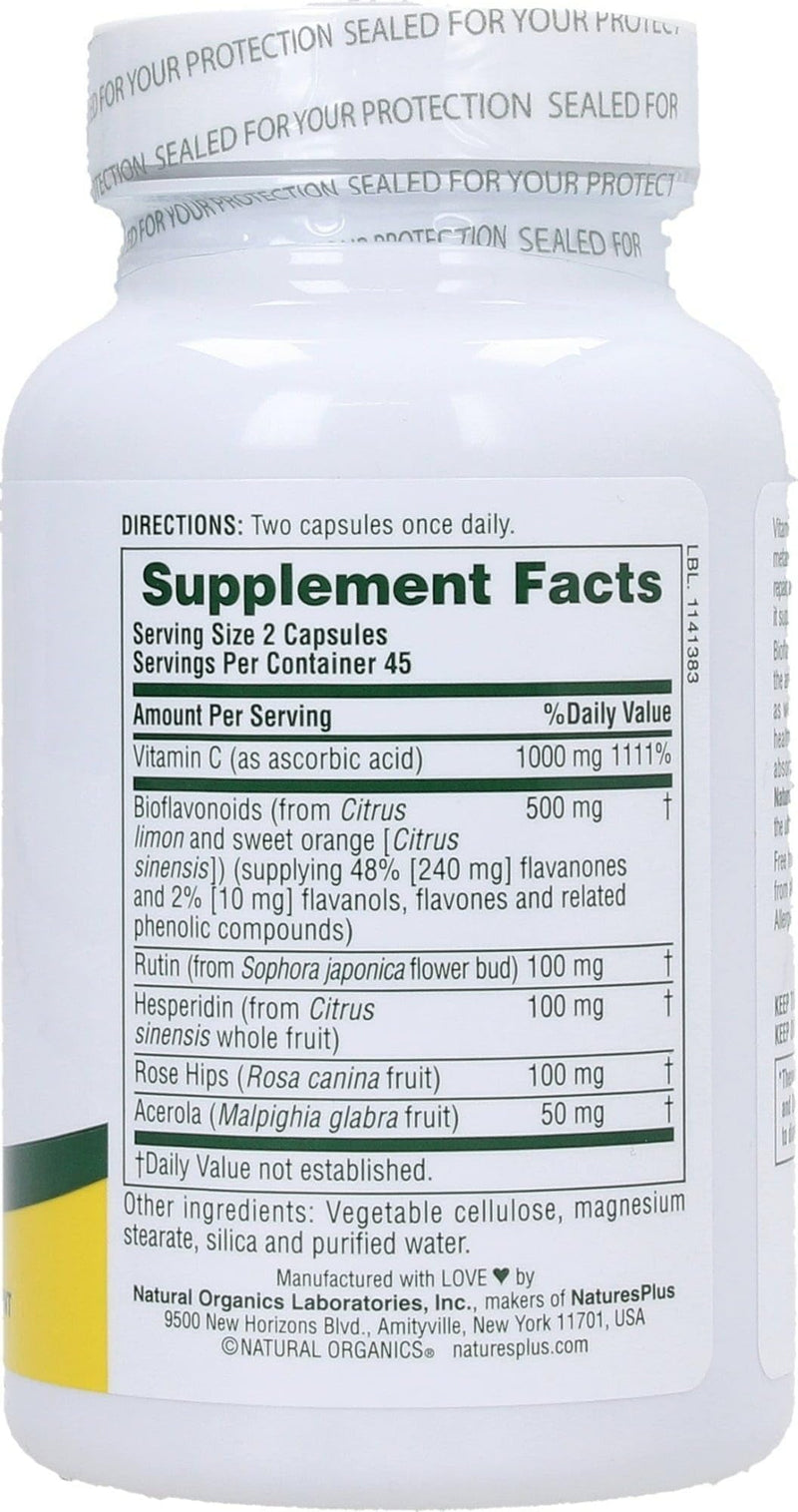 NaturesPlus Super C Complex - 90 Capsules - 1000 mg Vitamin C + 500 mg Bioflavonoids - Vegetarian, Gluten Free - 45 Servings 90 Count (Pack of 1)