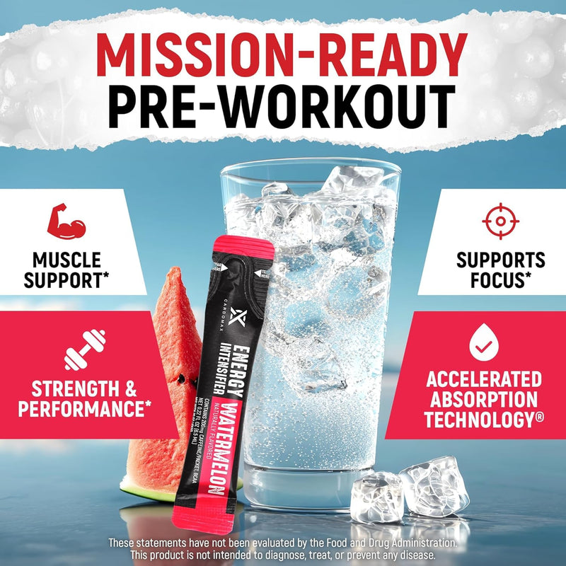 CardoMax Caffeine Packets, Watermelon, 15 Liquid Stick Packs | Energy Drink Packets with 200 MG Liquid Caffeine, BCAA, Vitamin B12 & B6, Sugar-Free, Zero Calorie, Vegan & Keto