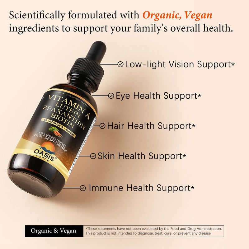 6 in 1 Vitamin A Liquid Drops with Lutein & Zeaxanthin, Vita A Retinyl Palmitate for Skin, Vision & Immune Support, Adults & Kids Ages 6+, Vegan, Non-GMO, 2 Fl Oz