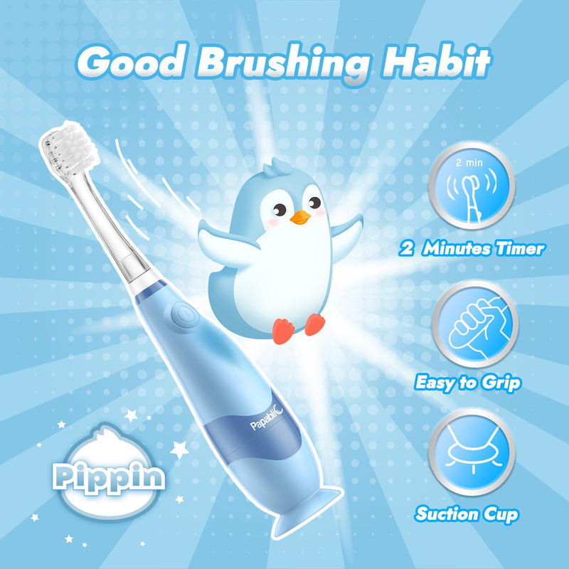 Papablic Toddler Sonic Electric Kids Toothbrush for Ages 1-3 Years, Baby Electric Toothbrush with Cute Penguin Cover and Smart LED Timer, 2 Brush Heads (Pippin) 2 Brush Heads Pippin